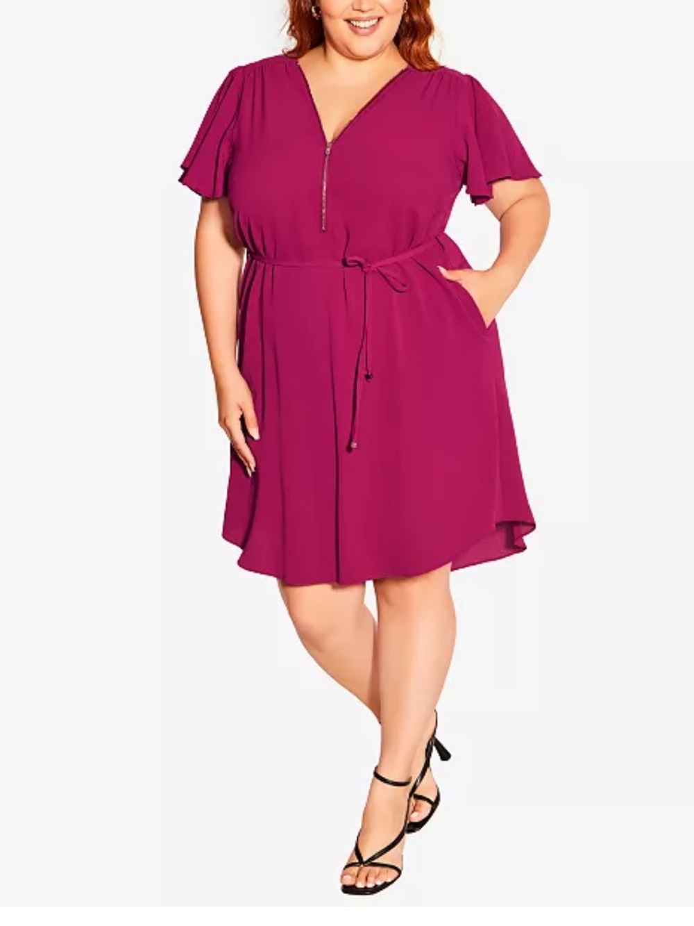 Women's City Chic Fuchsia Zip-Front Belted Dress Top XS (US 14)